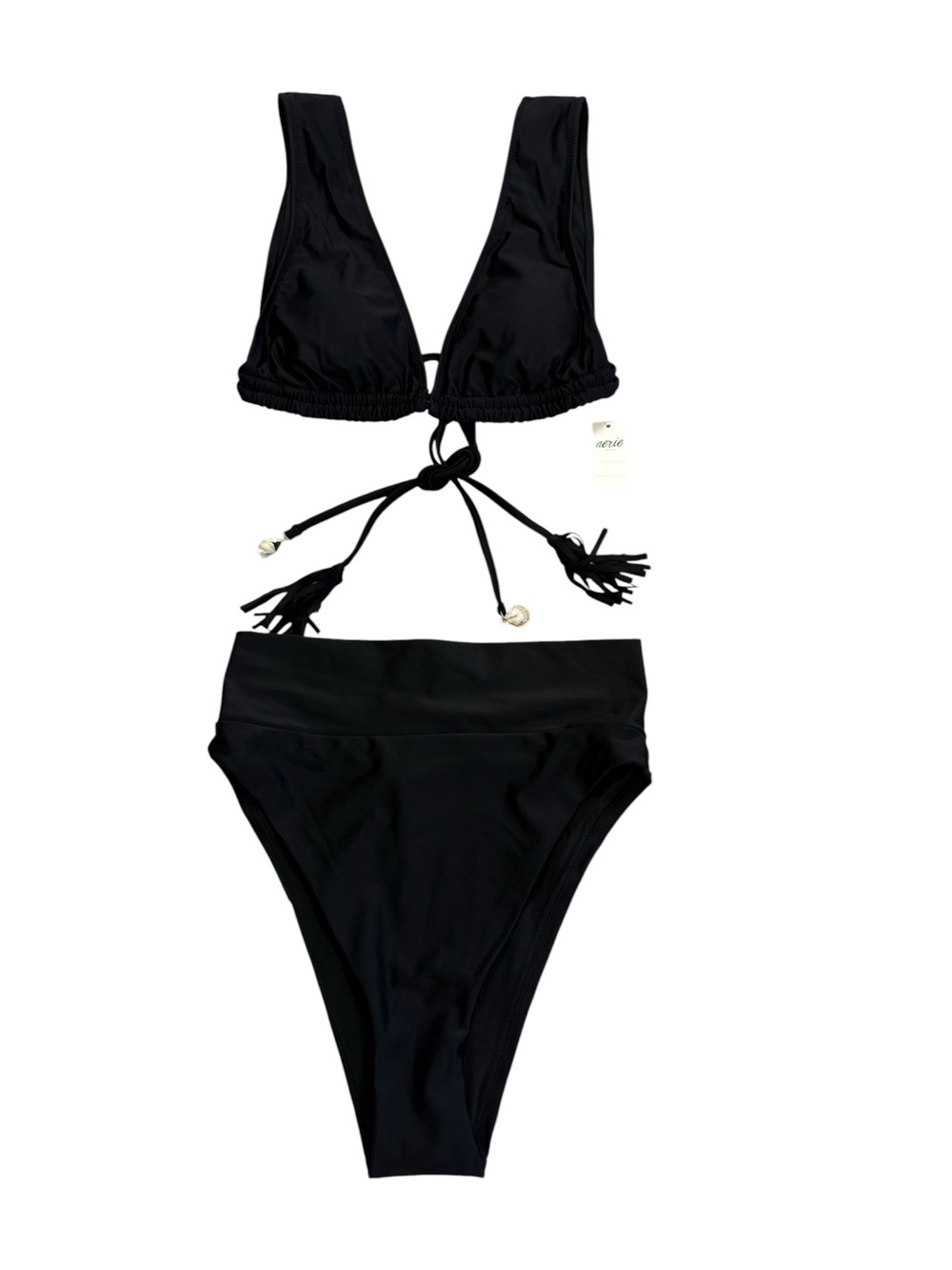 Aerie Black Triangle Bikini Set Tassel Tie High Waisted Swim NWT Small